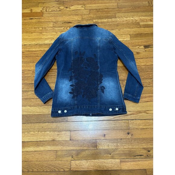 LuLaRoe Womens Denim Jean Jacket Size Large Blue Dark Stretch Floral Embroidered - Picture 6 of 7
